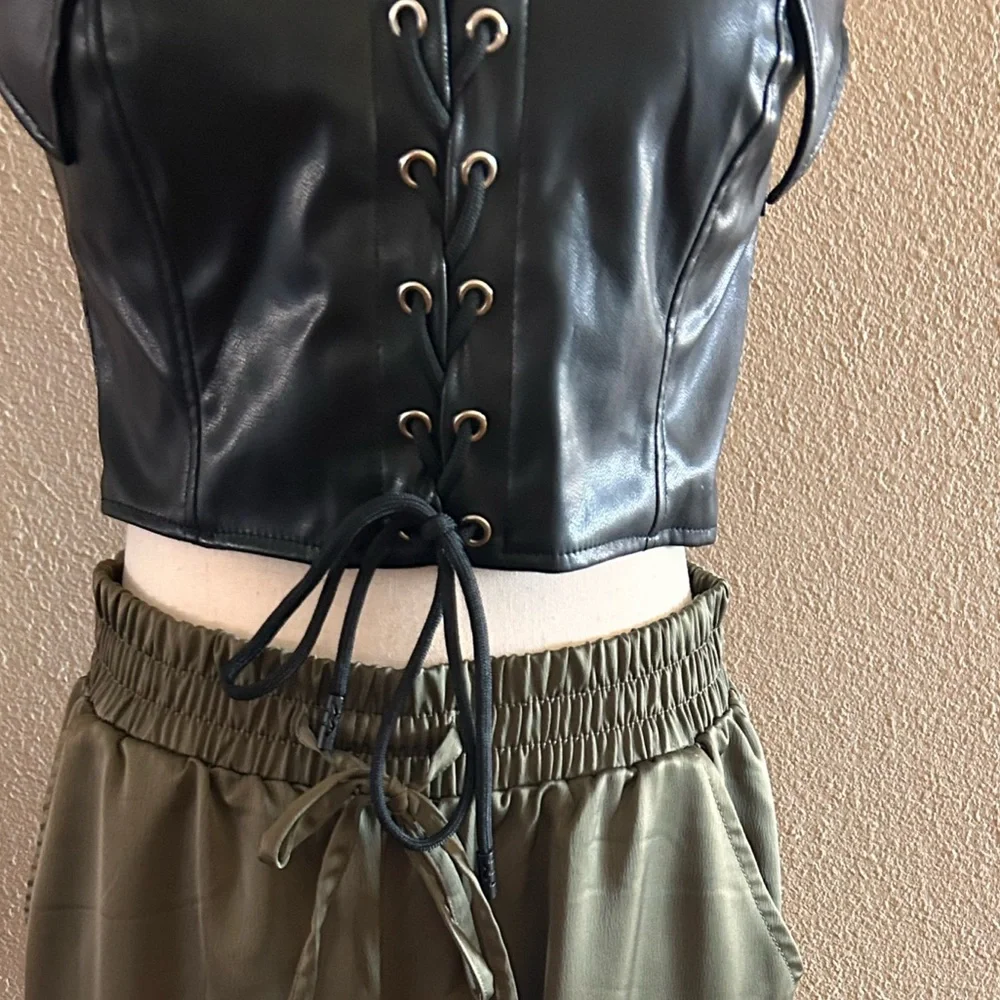 Black Lace-Up Leather Crop Top